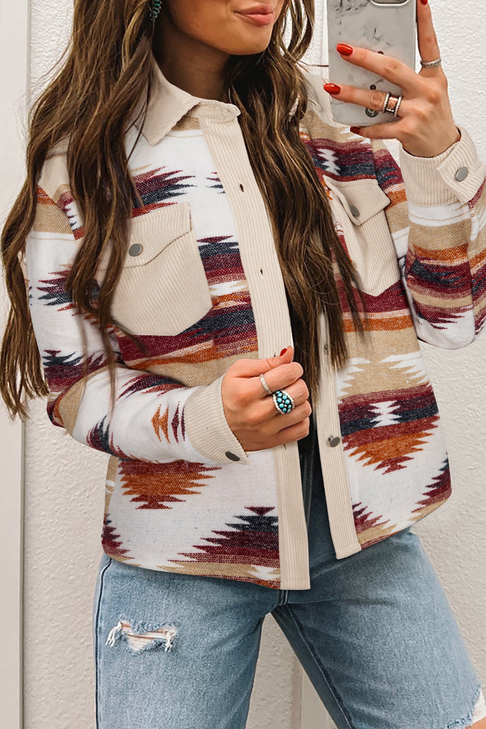 Multicolor Western Aztec Striped Raw Hem Shacket