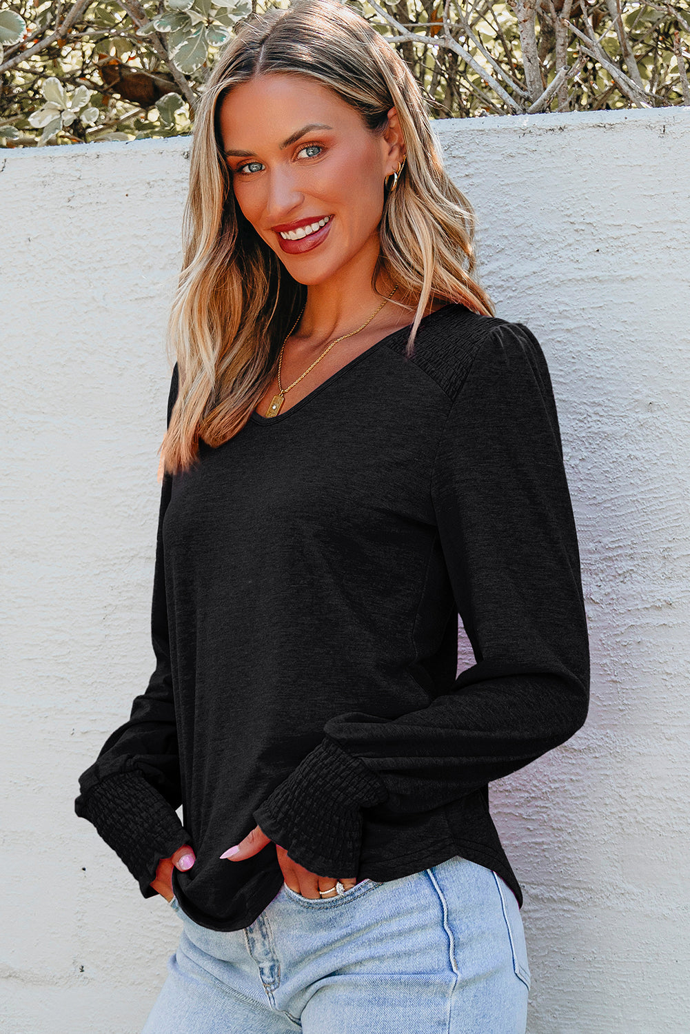Shirred Shoulder Frilled Cuffs Long Sleeve Top