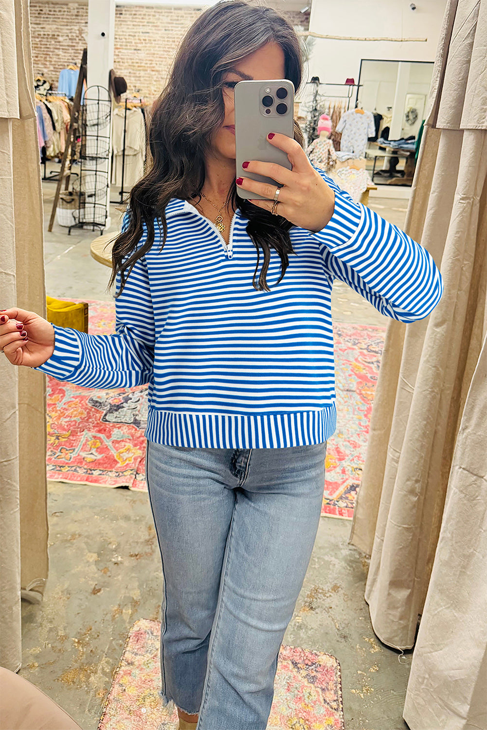 Stripe Quarter Zip Collar Pullover Long Sleeve Top