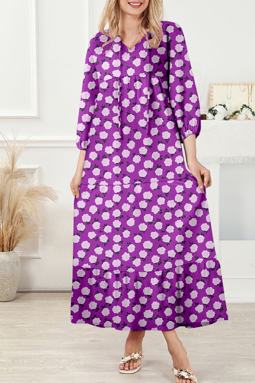 Green Boho Printed Half Sleeve Maxi Dress