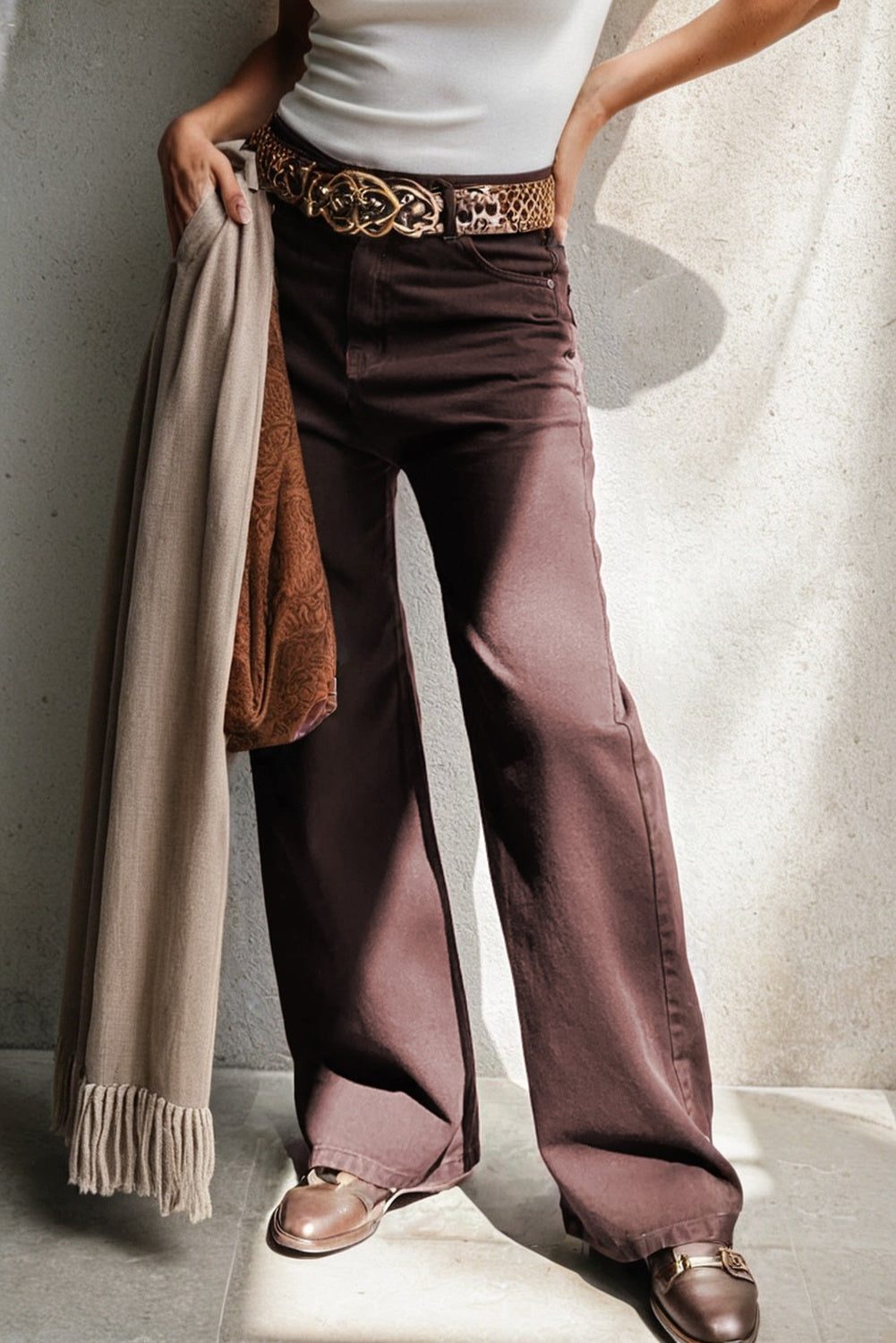 Coffee High Waist Wide Leg Straight Jeans