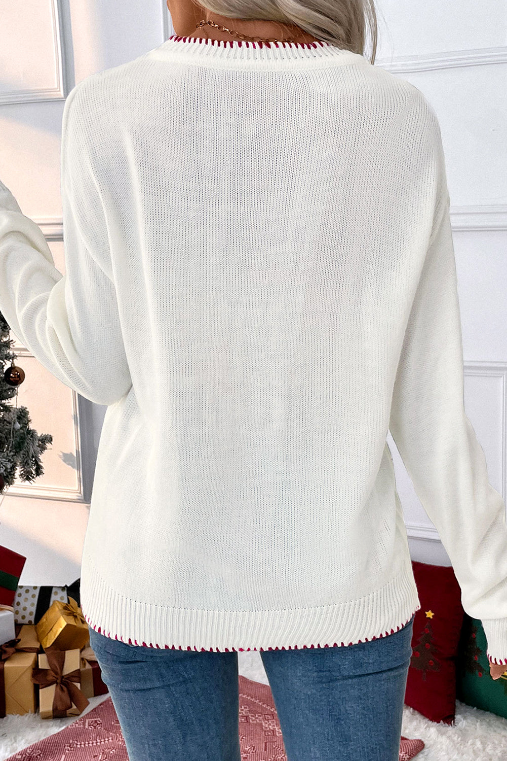 Bow Pattern Contrast Trim Christmas Loose Sweater