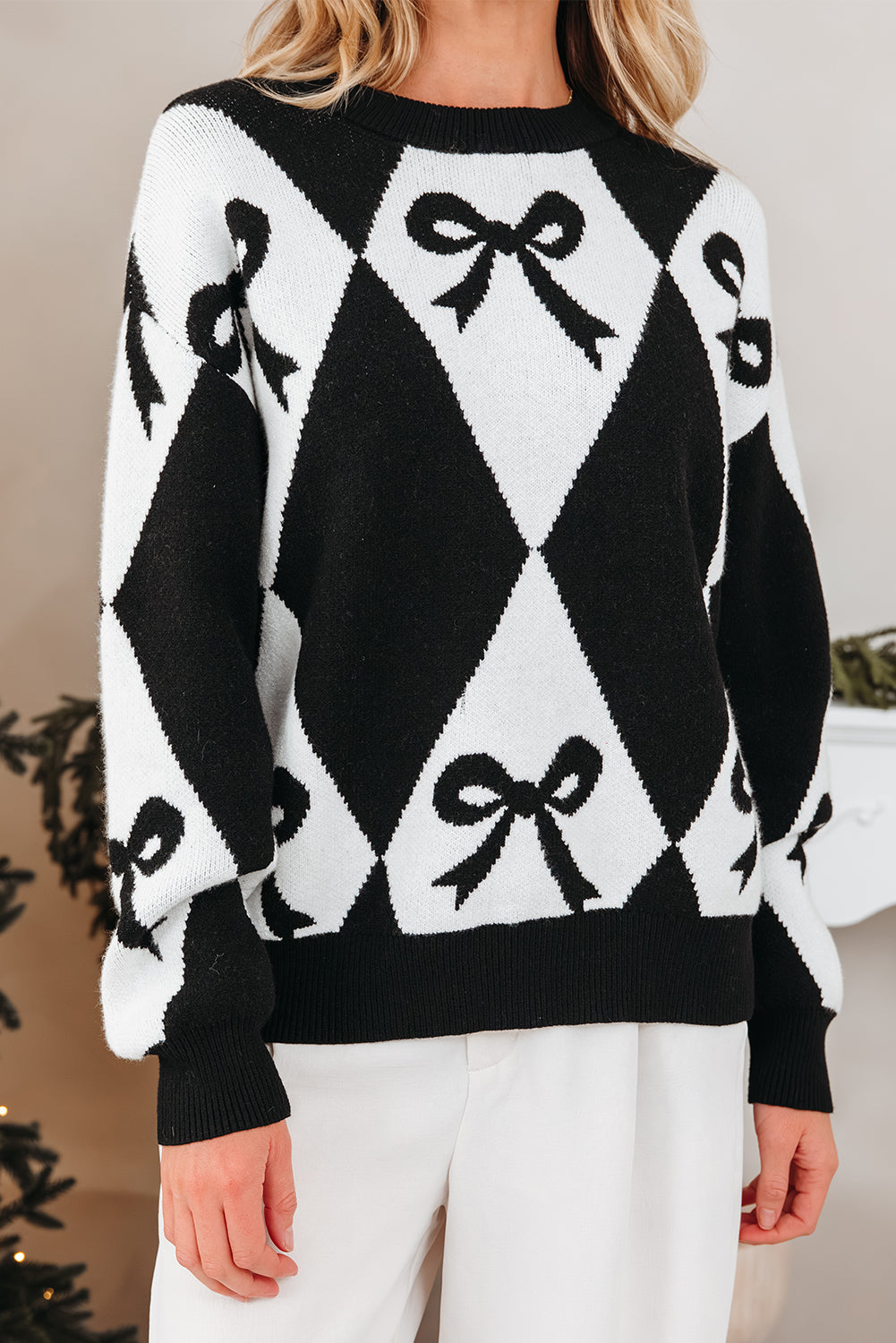 Bow Print Colorblock Rhombus Knit Sweater