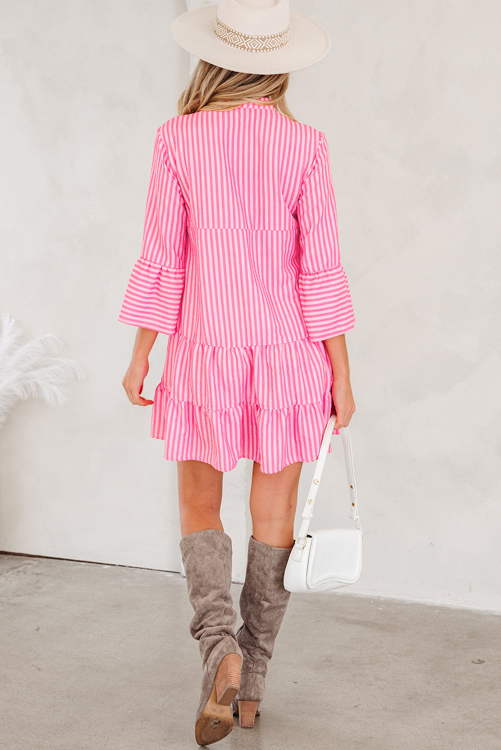 Pink Stripe V Neck Flare Sleeve Mini Dress