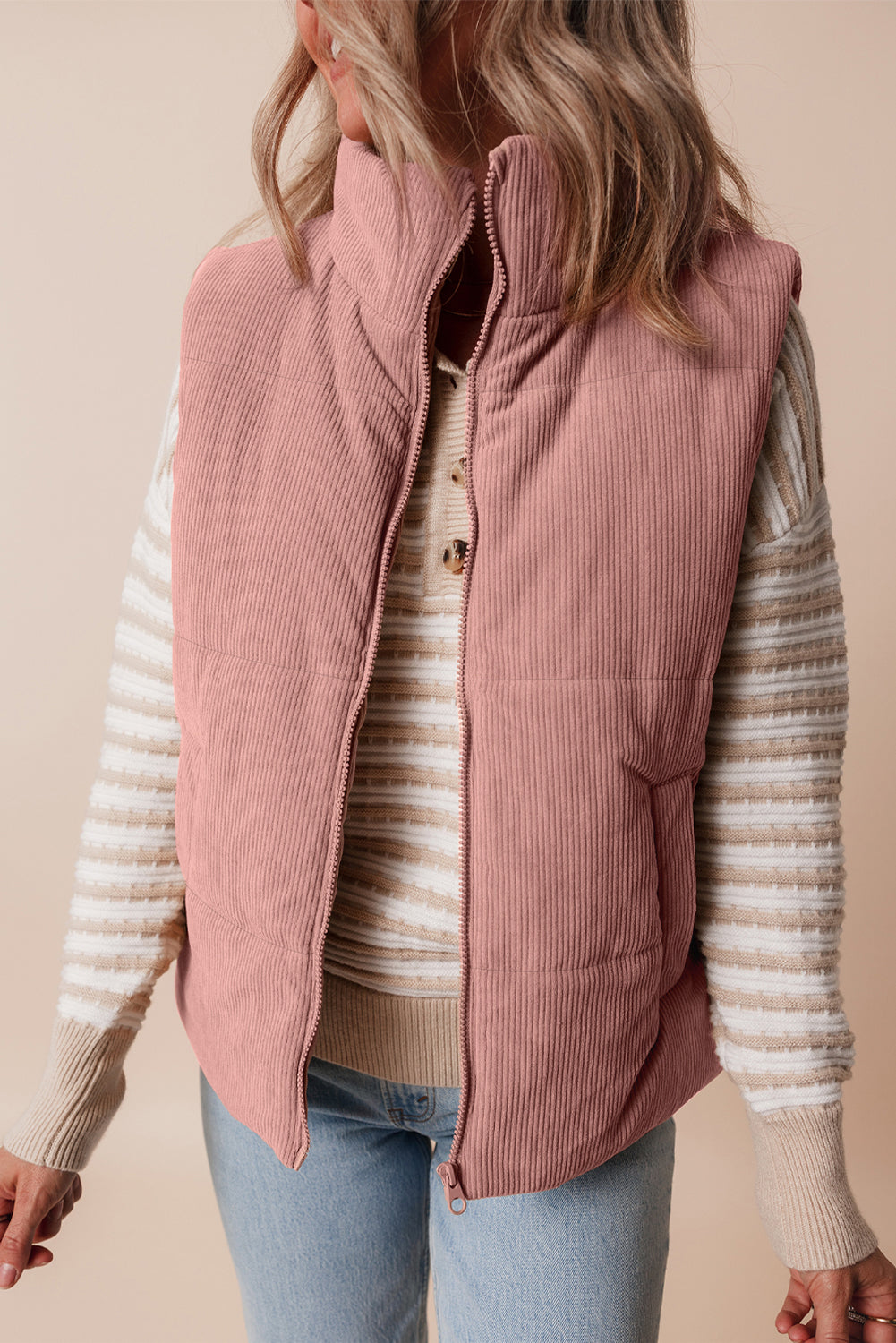Fall Winter Corduroy Stand Neck Puffer Vest