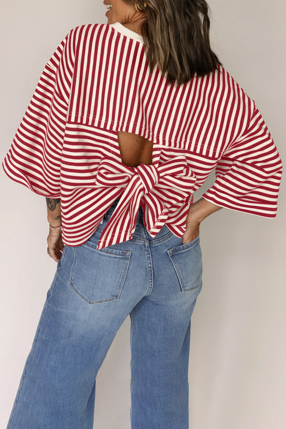 Striped Bow Back Cutout Wide Sleeve Loose Top