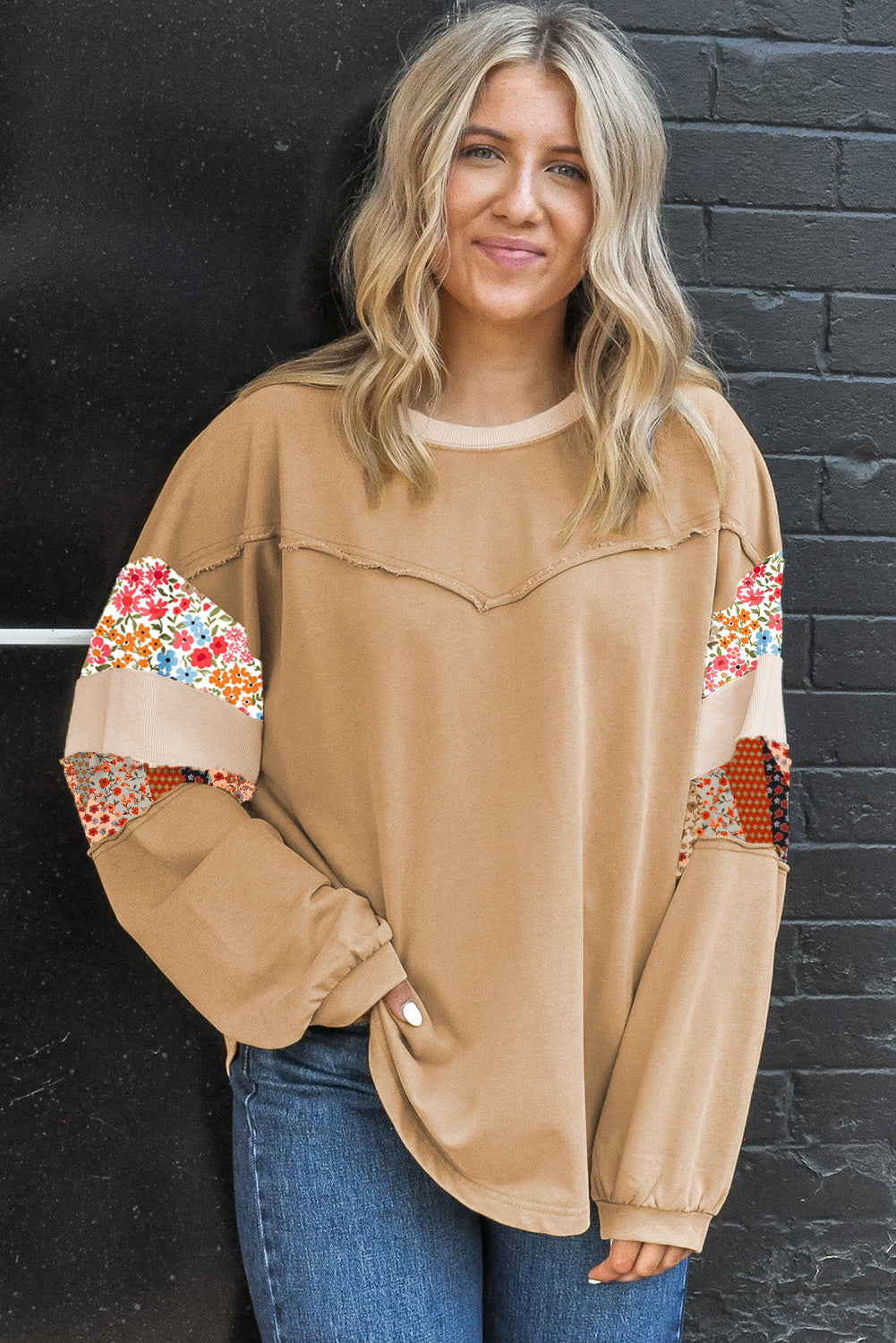 Exposed Seam Floral Mixed Patchwork Relaxed Plus Size Top