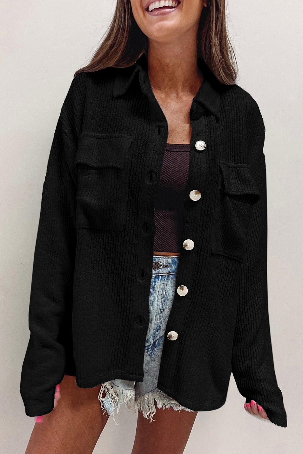 Corduroy Buttoned Long Sleeve Shacket