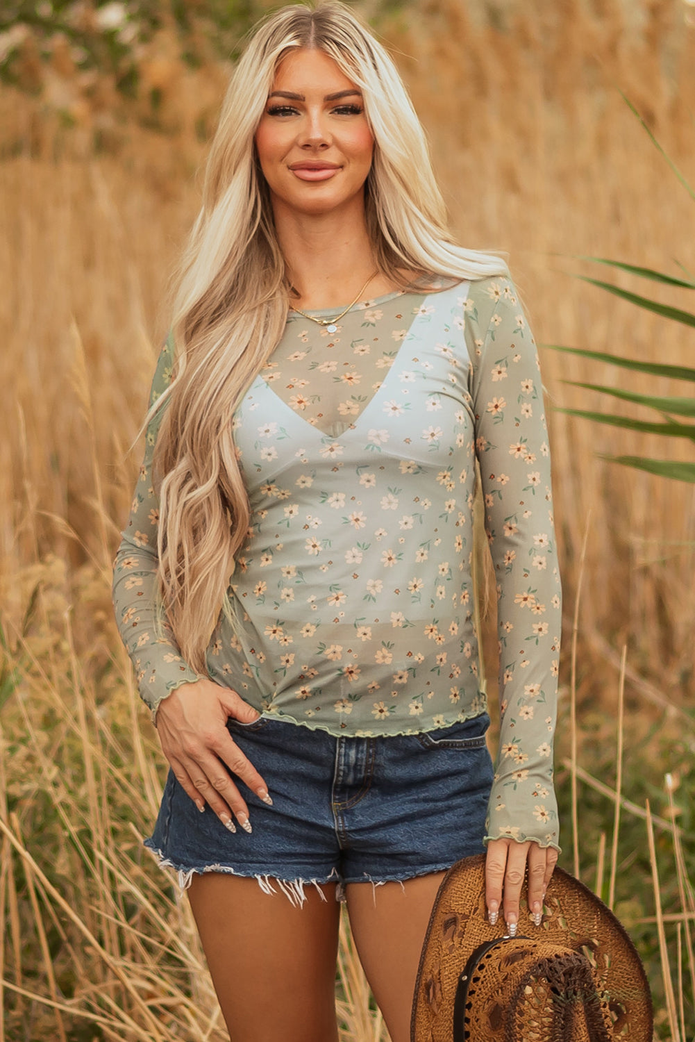 Pink Vintage Floral Print Southern Style Mesh Long Sleeve Top