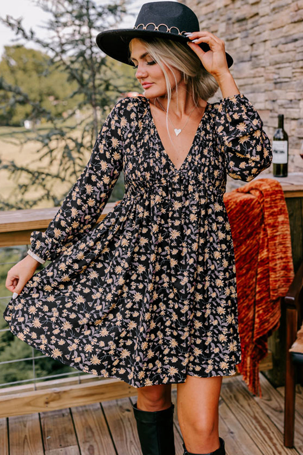 Floral V Neck Smocked Bust Bubble Sleeve Mini Dress