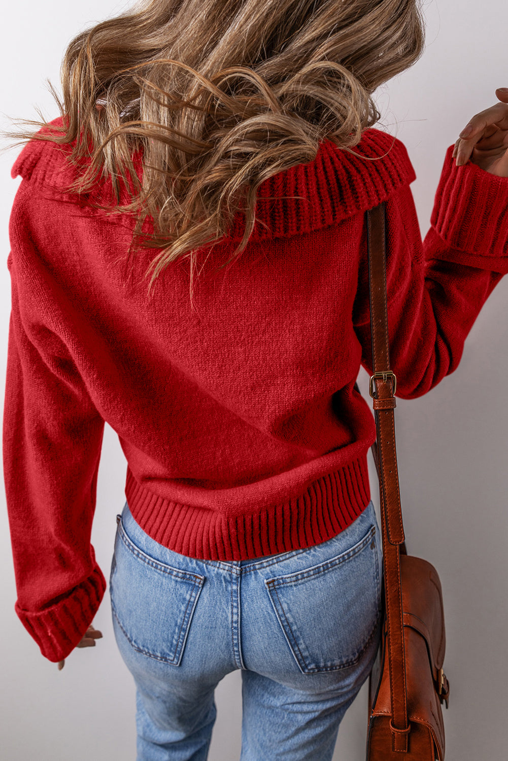 Collared V Neck Ribbed Edge Elegant Sweater