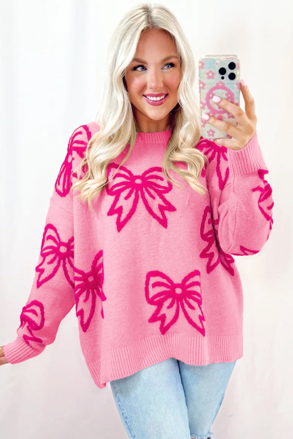 Bow Pattern Drop Shoulder Loose Knit Sweater