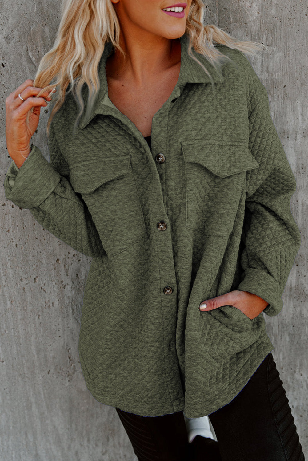 Quilted Button Shacket with Flap Pockets for Women