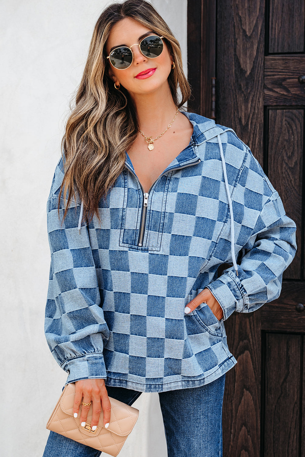 Checkerboard Quarter Zip Kangaroo Pocket Denim Top