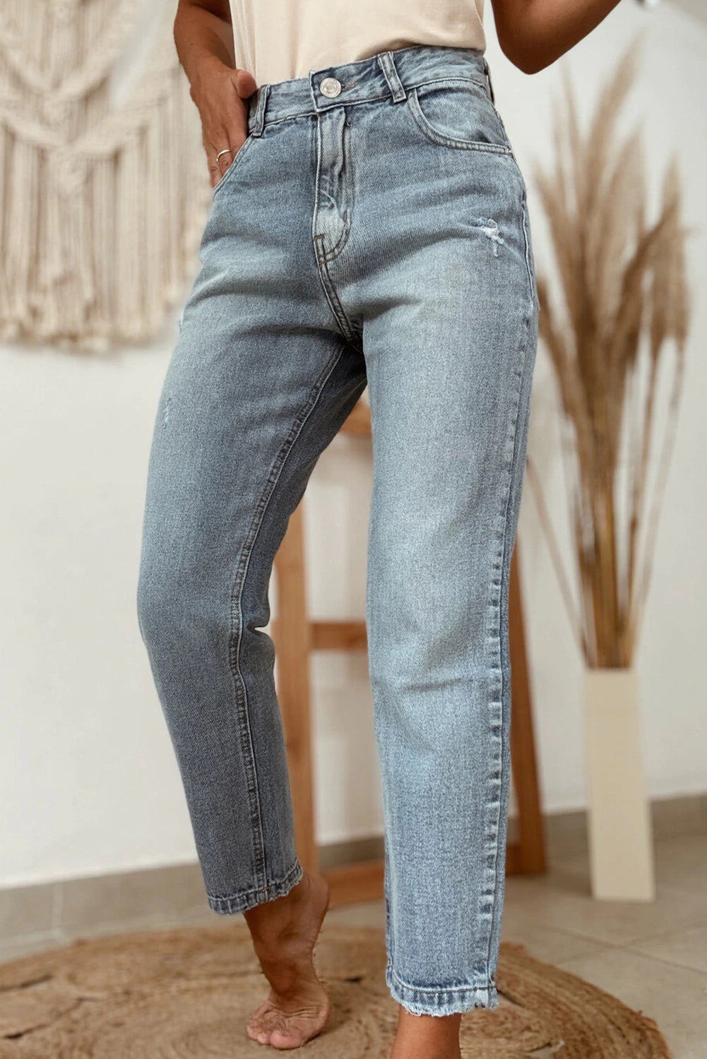 Slightly Distressed Ankle-length Straight Jeans