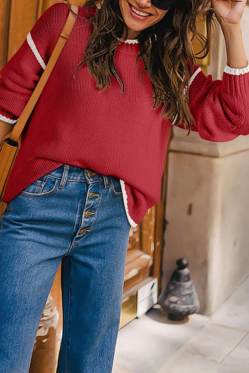 Women Color Block Crew Neck Pullover Sweater