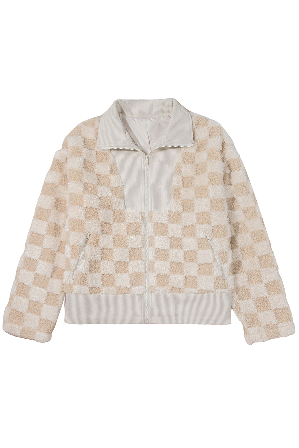 Khaki Checkered Sherpa Zip Up Jacket for Fall