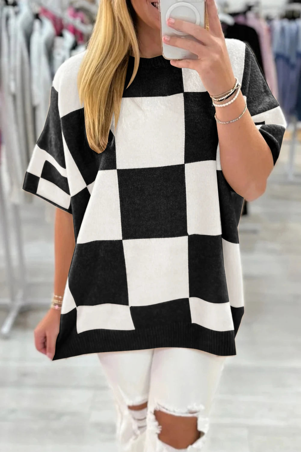 Checkered Colorblock Loose Knit Half Sleeve Sweater