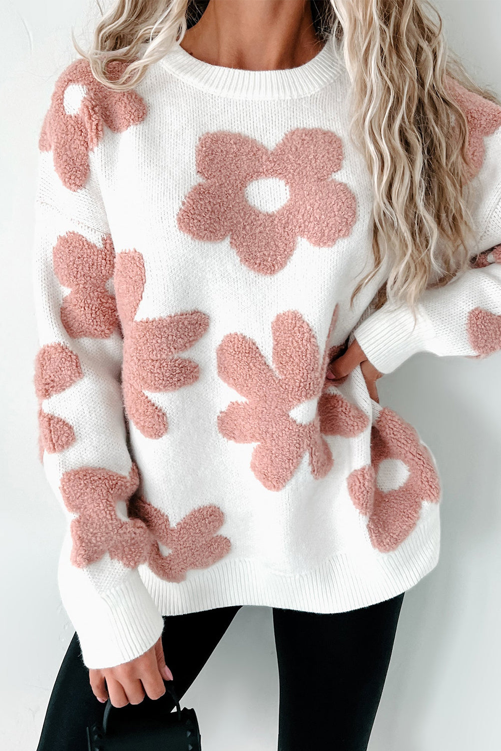 Textured Floral Fuzzy Knit Pullover Sweater