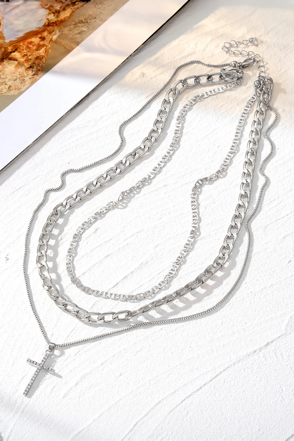 Gold Cross Rhinestone Layered Chain Necklace