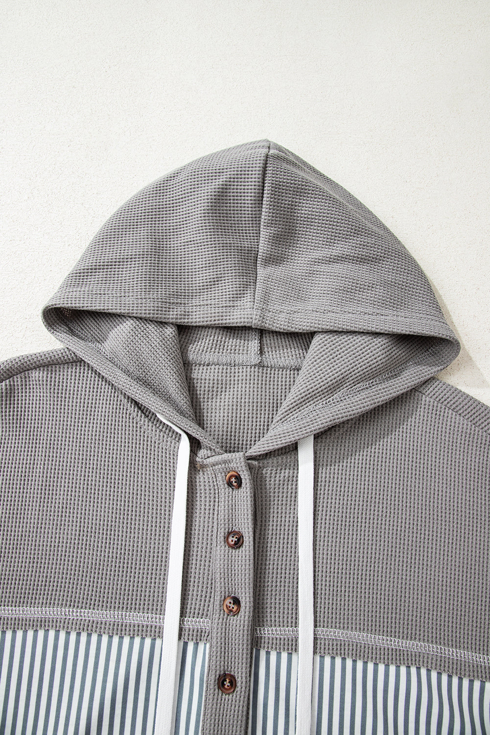 Waffle Patchwork Stripe Print Hooded Long Sleeve Top