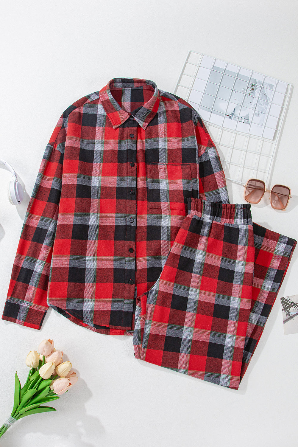 Christmas Plaid Button Up Top and High Waist Pants Set