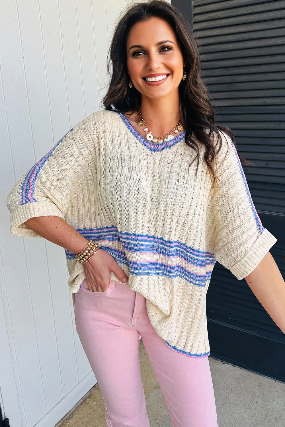 V Neck Dolman Sleeve Rib Knit Oversized Sweater with Slits