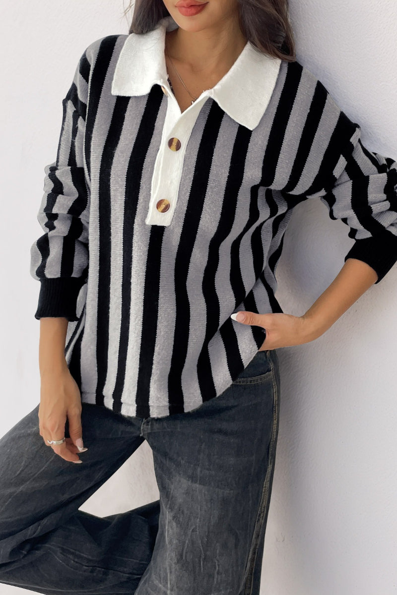 Striped Knit Collared Pullover Sweater Top