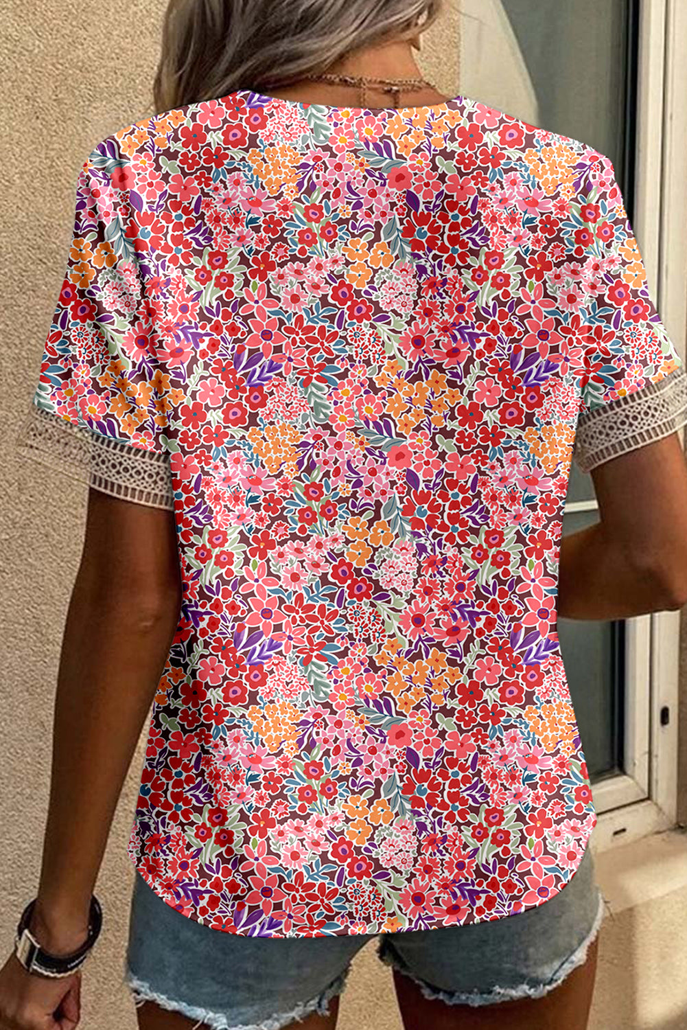 Blue Lace Trim V Neck Short Sleeve Blouse