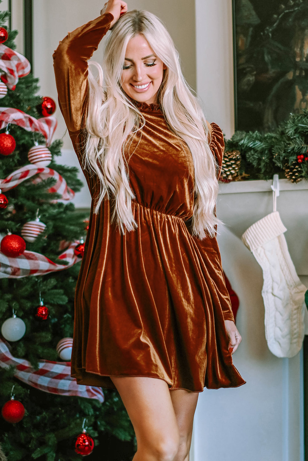 Velvet Frilled Neck Long Sleeve Swing Mini Dress