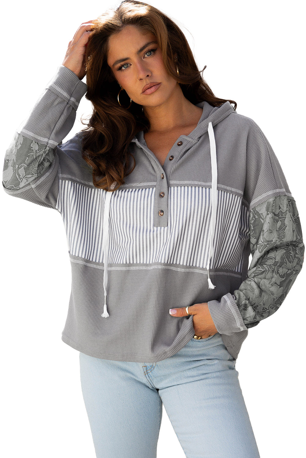 Waffle Patchwork Stripe Print Hooded Long Sleeve Top