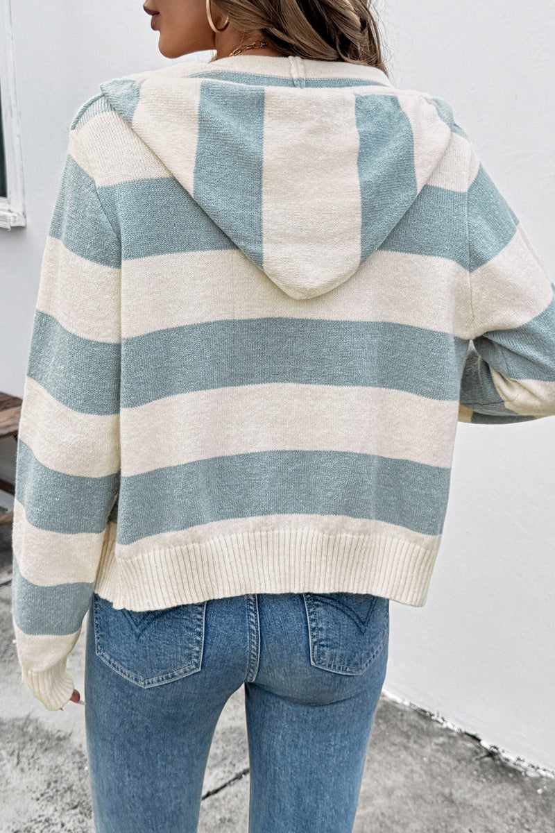 Striped Knit Zip Up Hoodie Cardigan Sweater Jacket