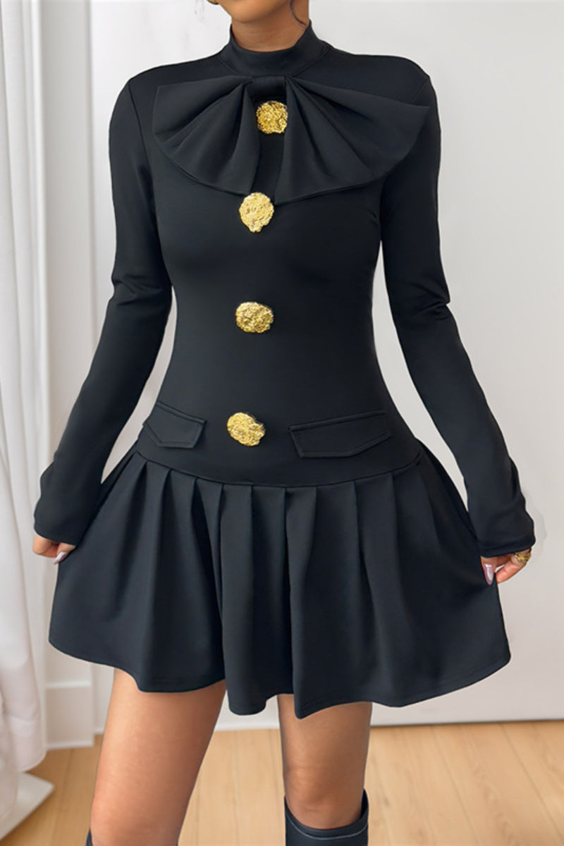 Bow Detail Gold Button Long Sleeve Mini Dress
