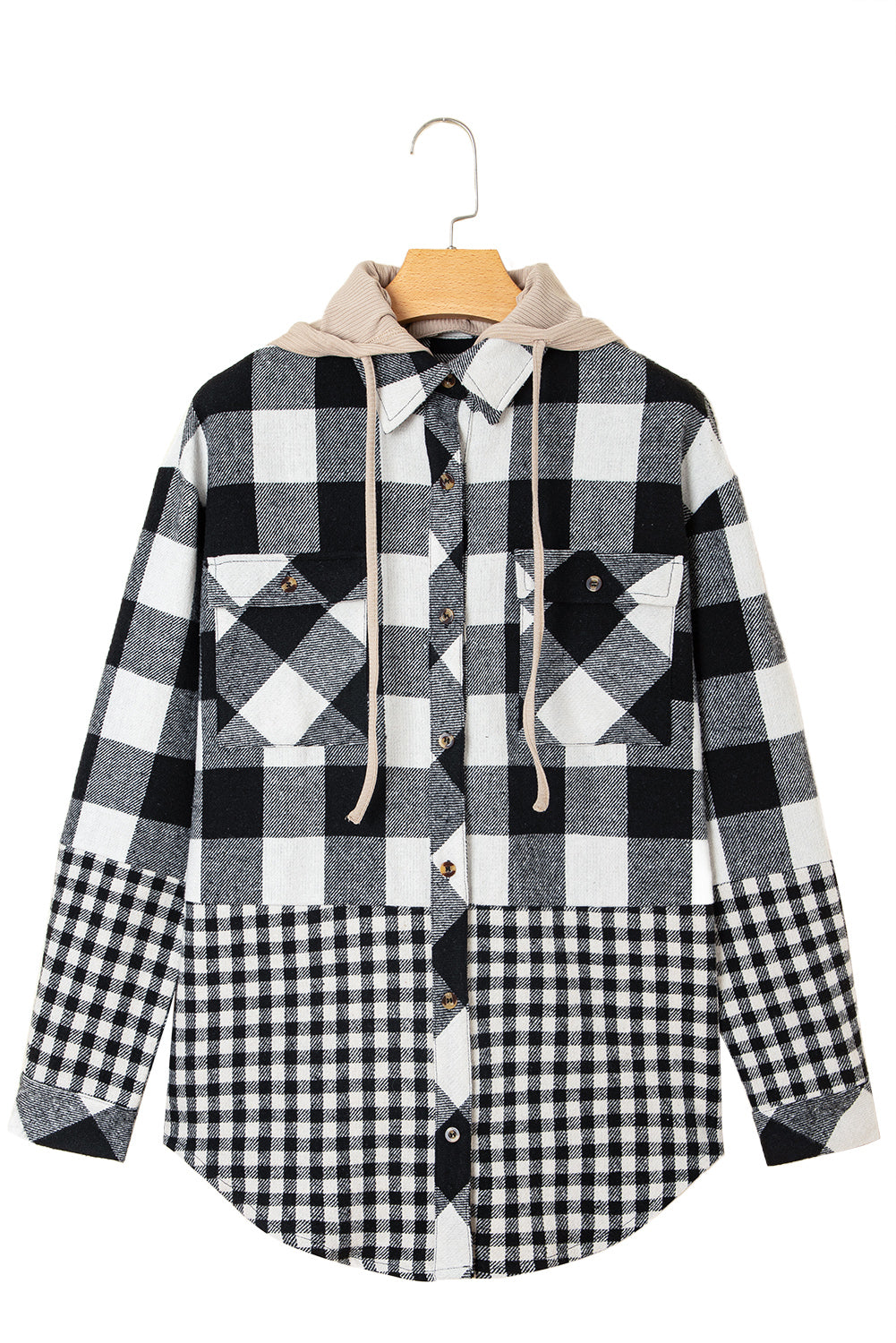 Casual Plaid Hoodie Drawstring Button Shacket