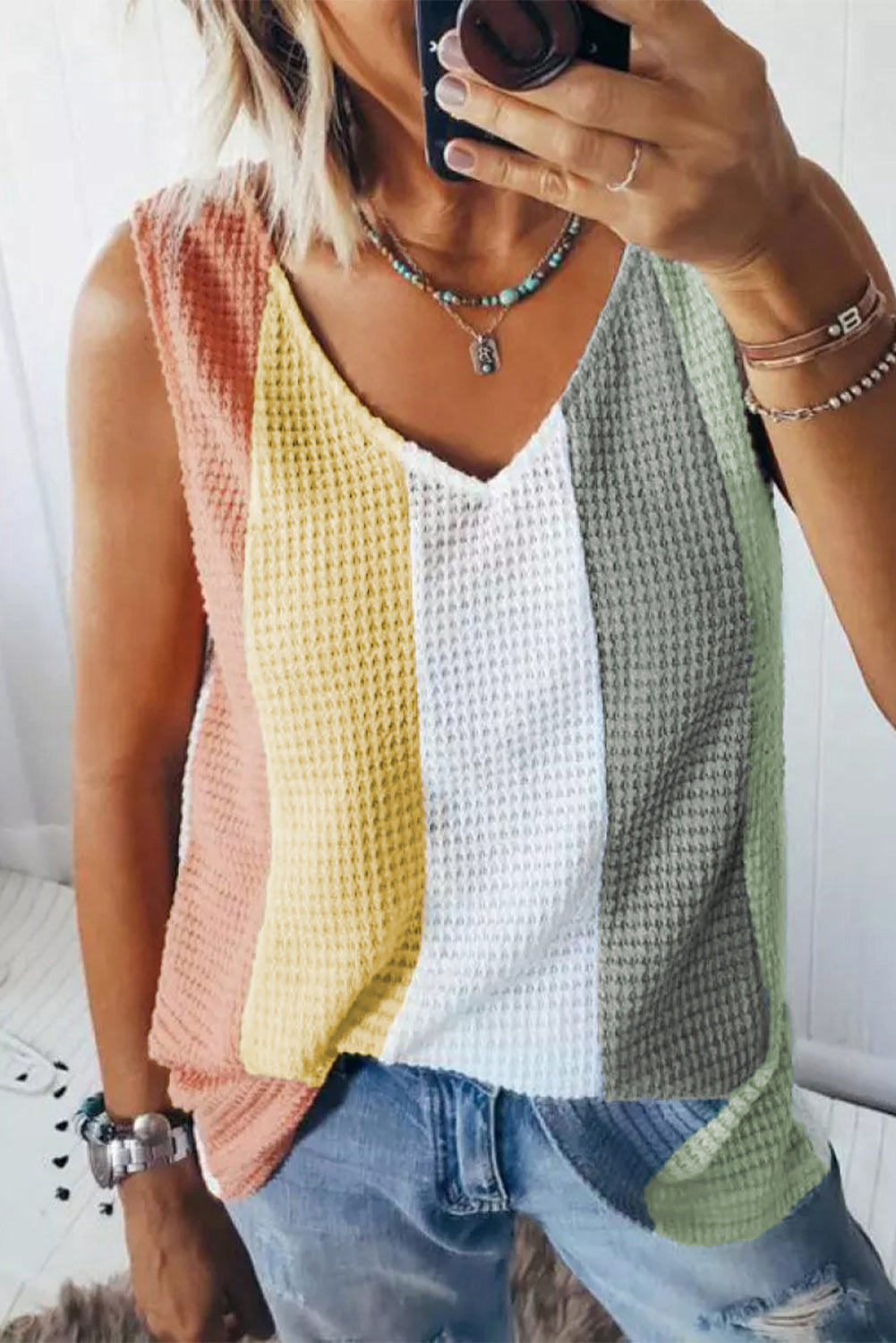 Multicolor Colorblocking V-Neck Waffle Knit Tank Top
