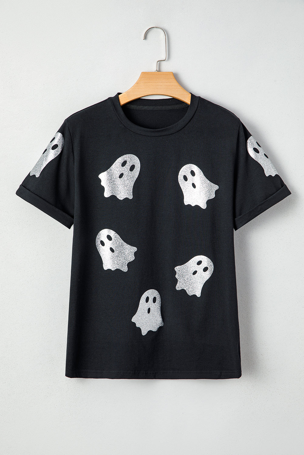 Black Glitter Ghost Pattern Halloween T Shirt