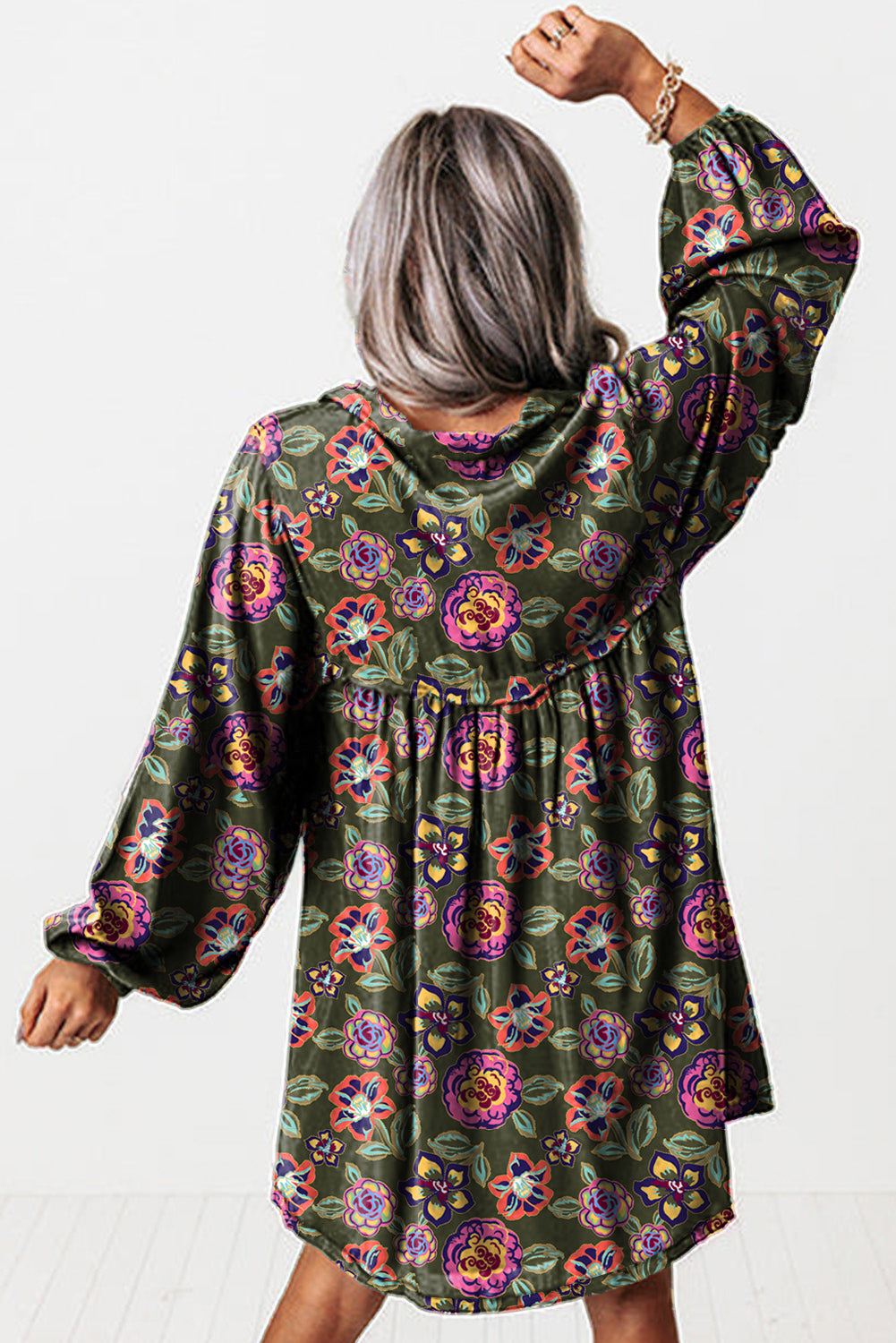 Holiday Floral Split Neck Long Sleeve Mini Dress