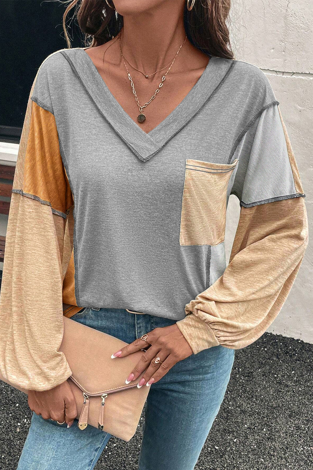 Colorblock V Neck Exposed Stitch Long Sleeve Top
