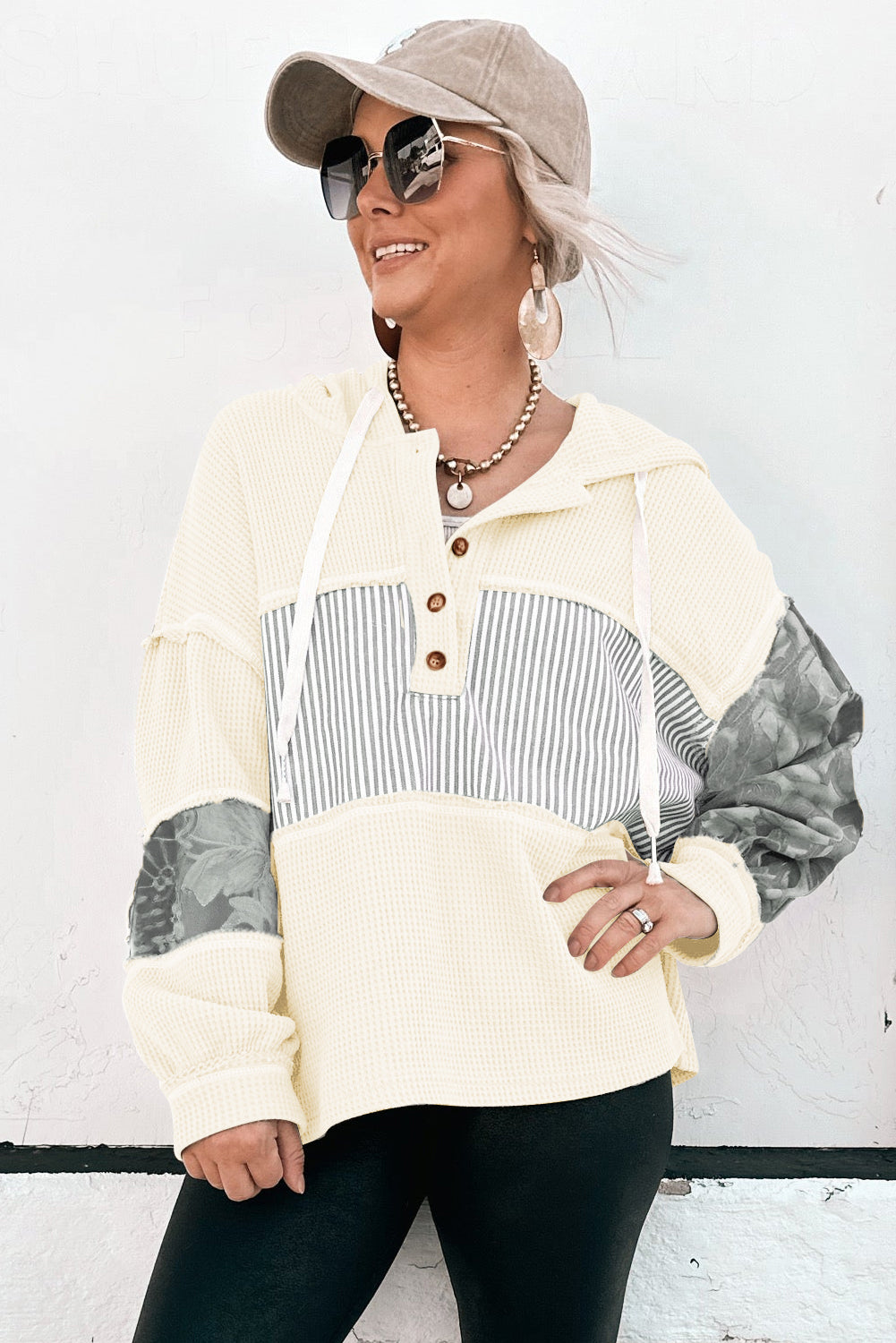 Waffle Patchwork Stripe Print Hooded Long Sleeve Top