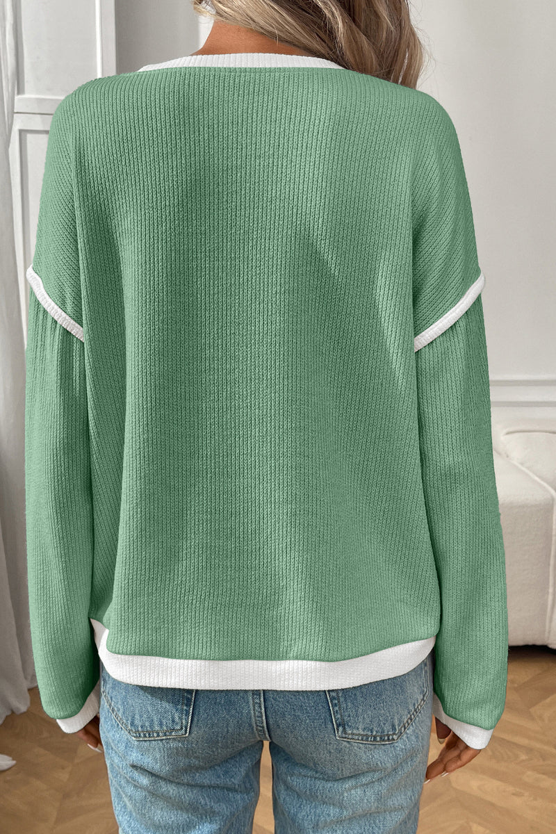 Colorblock Knit Look Crewneck Pullover Top