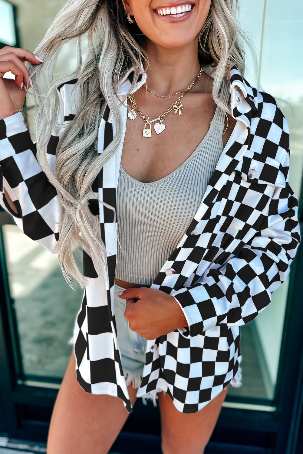 Checkerboard Plaid Button Front Casual Shacket