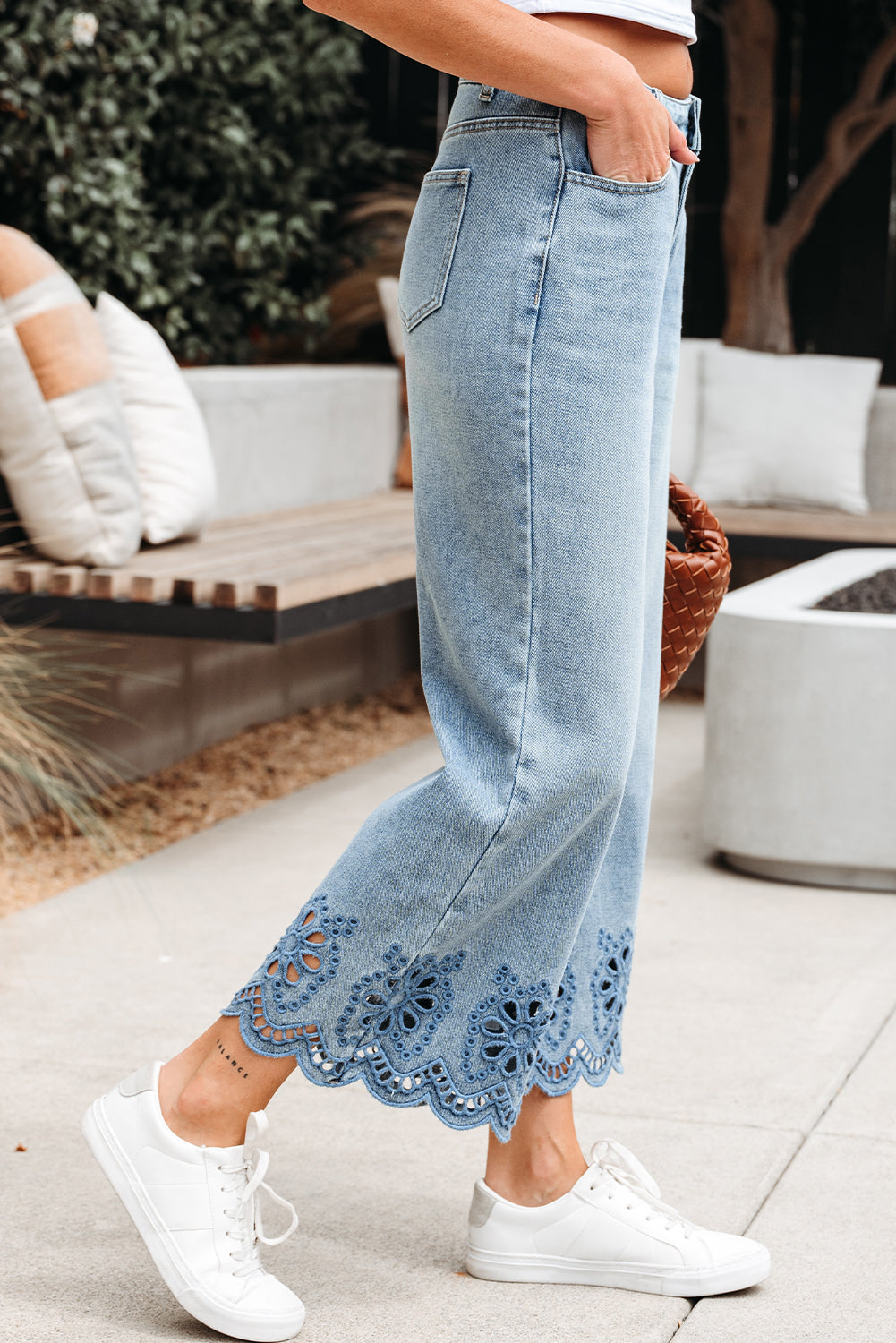 Embroidered Eyelet Wide Leg Cropped Jeans