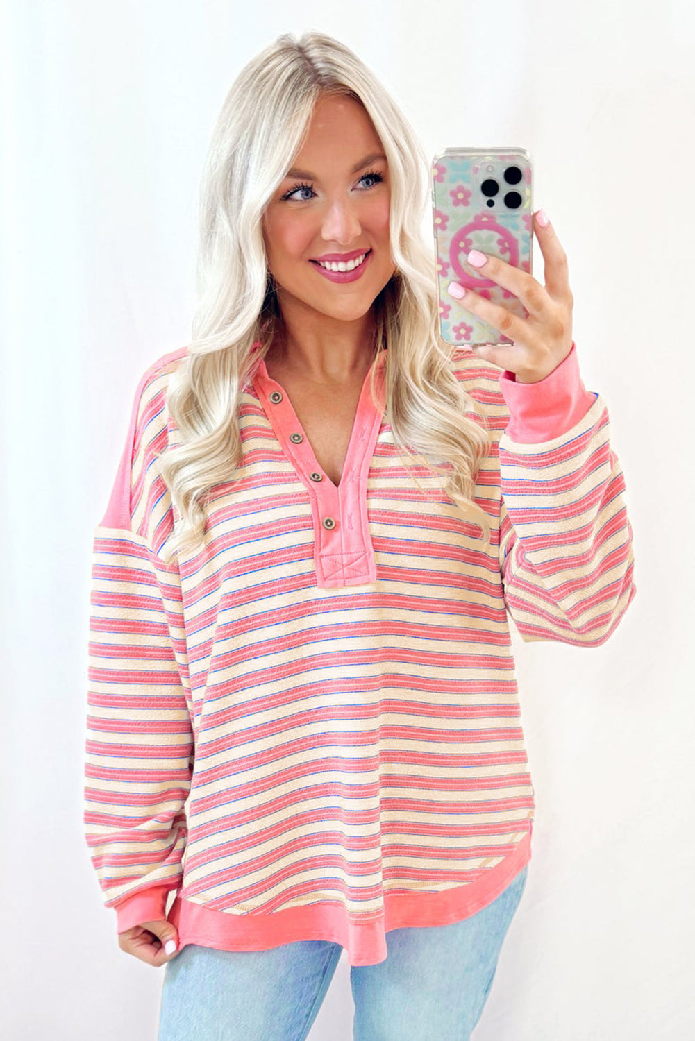 Buttoned V Neck Collared Drop Shoulder Top