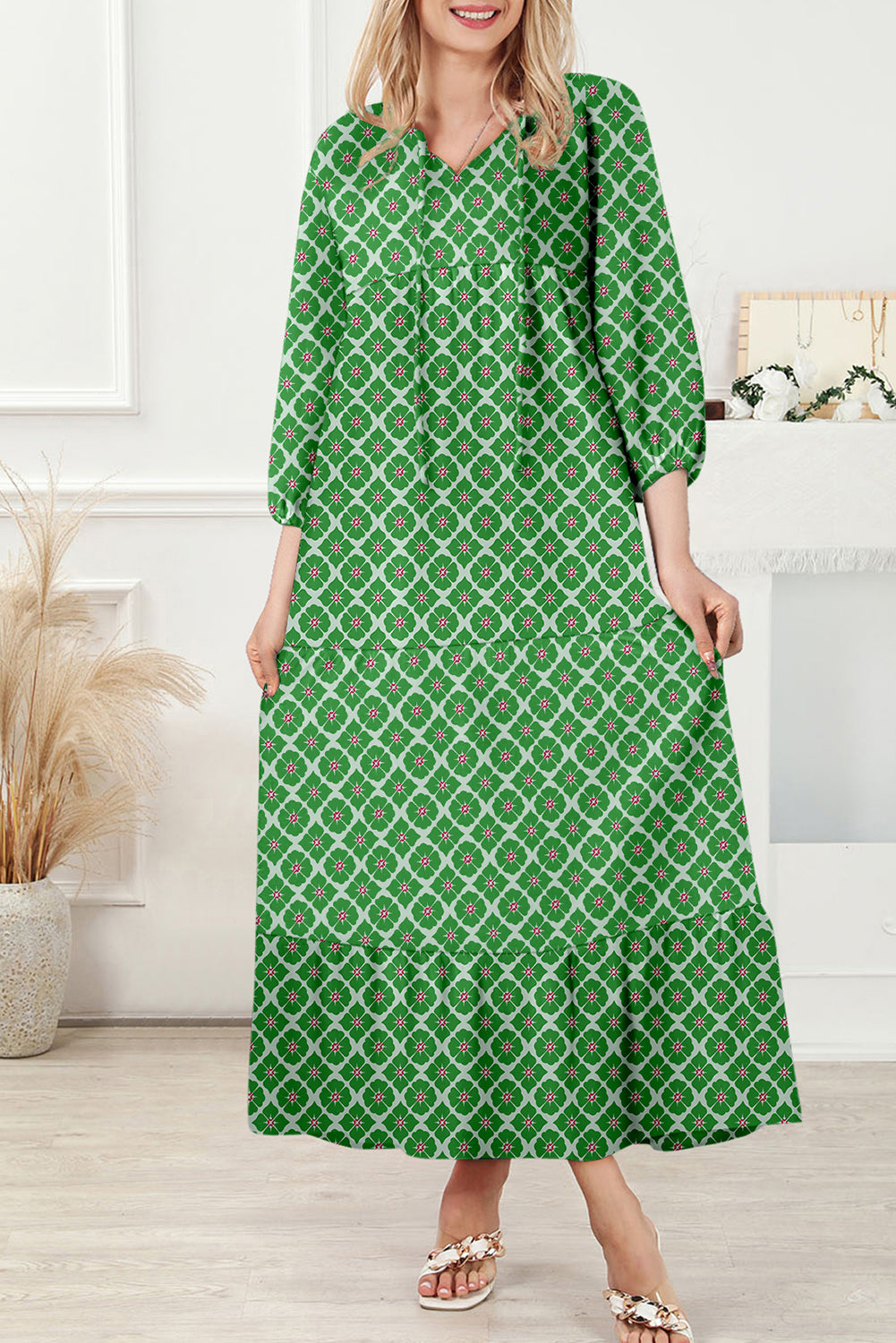 Green Boho Printed Half Sleeve Maxi Dress