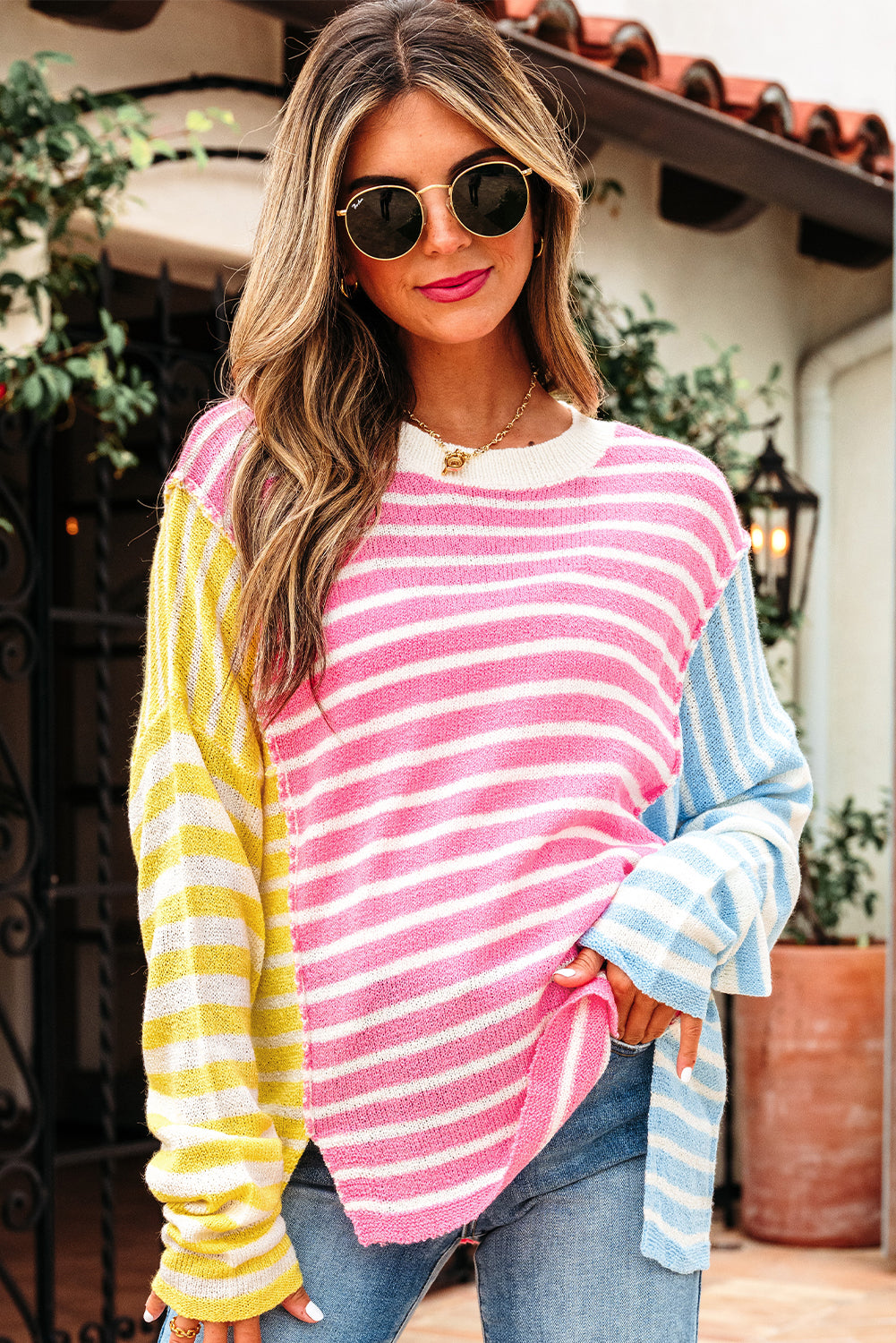 Colorblock Dolman Sleeve Sweater with Split Hem