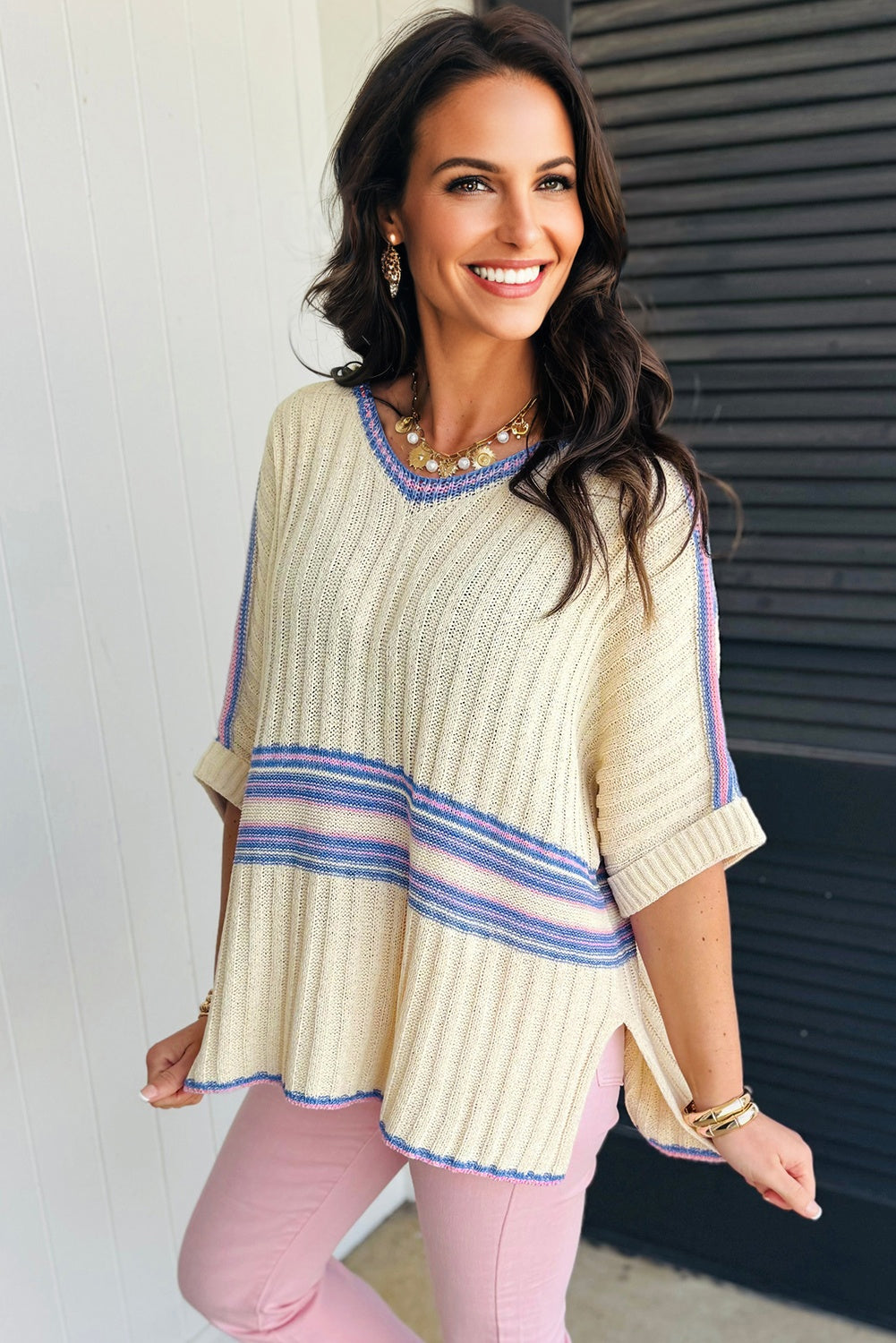 V Neck Dolman Sleeve Rib Knit Oversized Sweater with Slits
