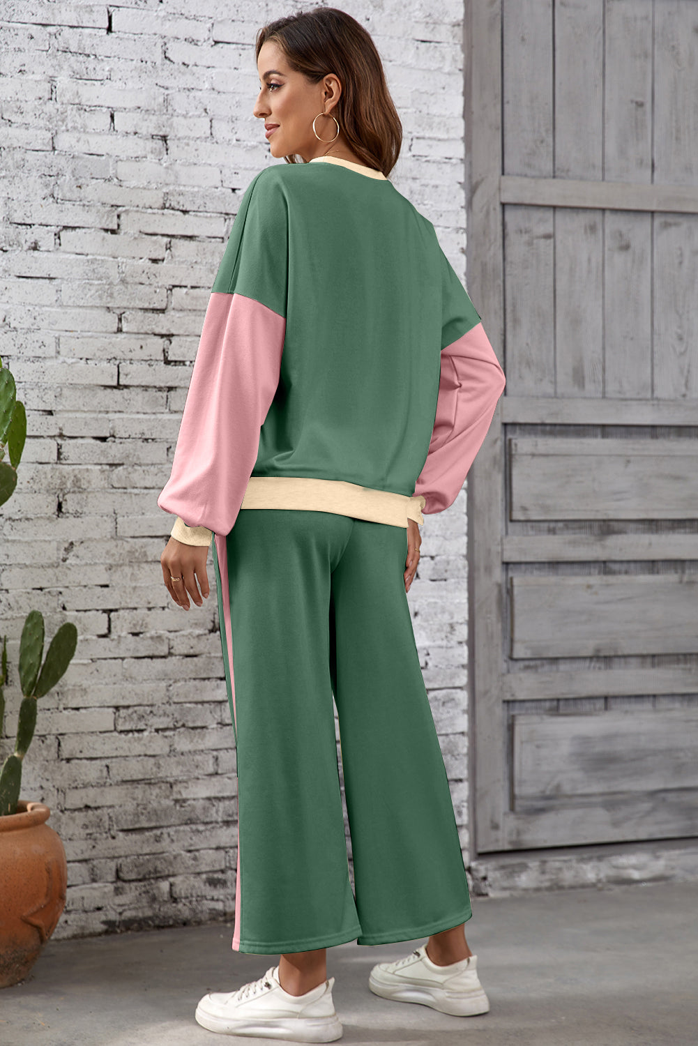 2pcs Color Block Casual Pullover Pant Set