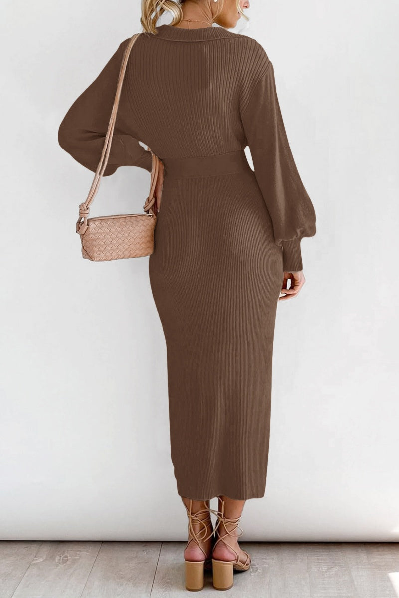 Elegant V Neck Lantern Sleeve Knit Belted Midi Sweater Dress