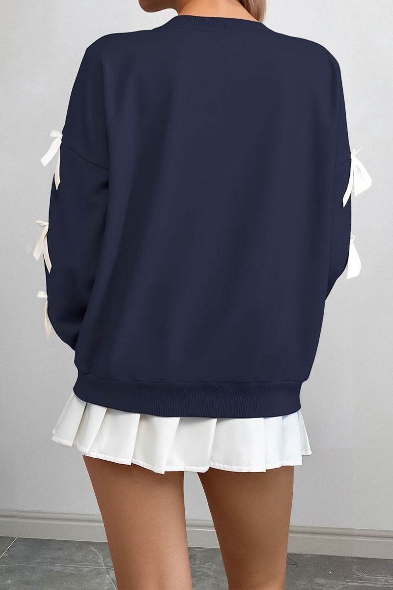 Crew Neck Pullover Top 3D Bowknot Trim Loose Sweatshirts