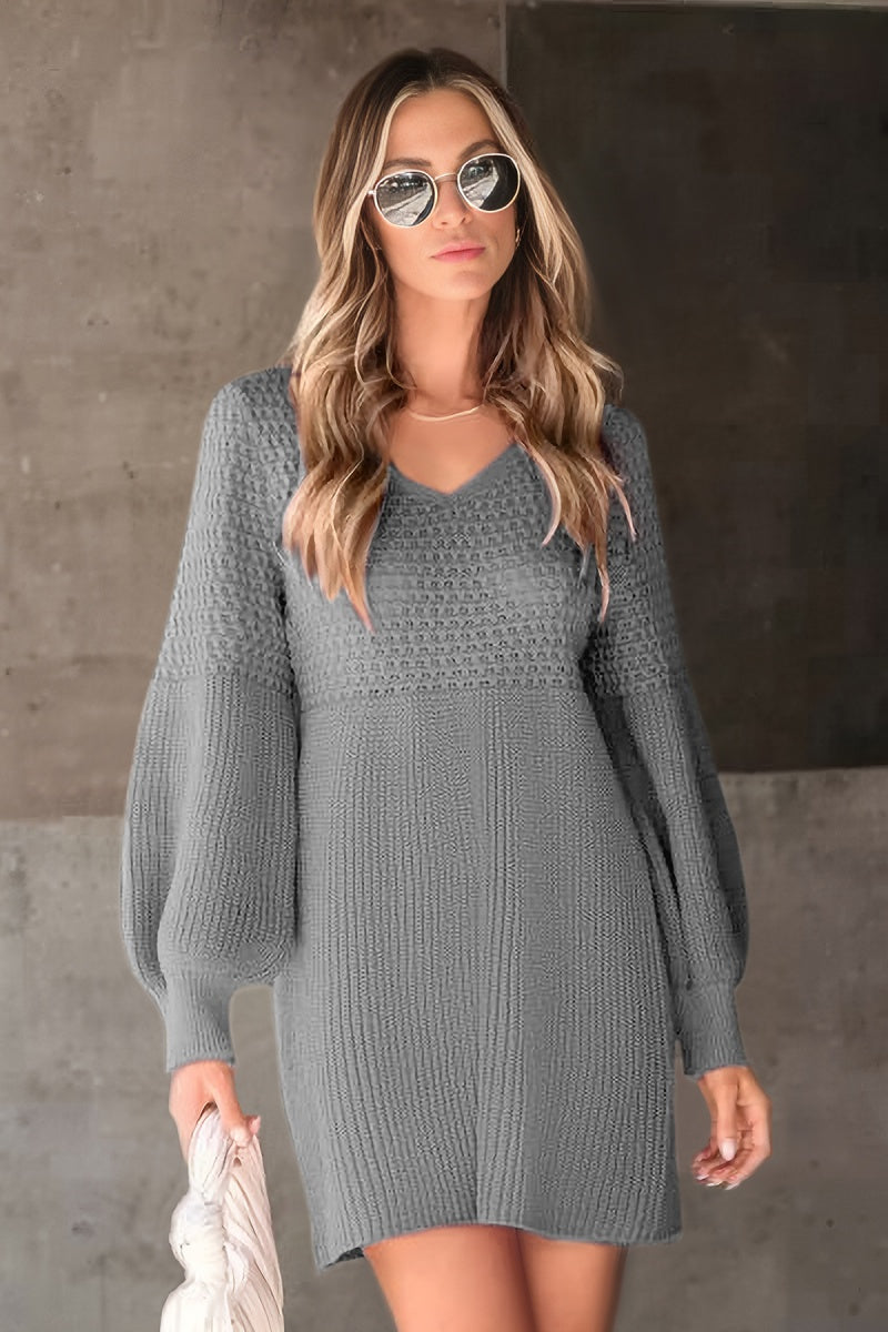 V Neck Long Sleeve Knit Sweater Dress with Balloon Sleeves